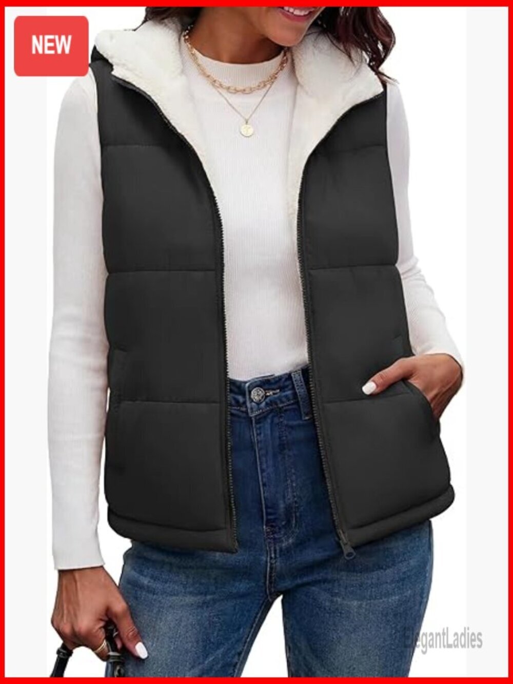 Reversible Hooded Puffer Vest Sleeveless Jacket Zip Up Winter Outerwear